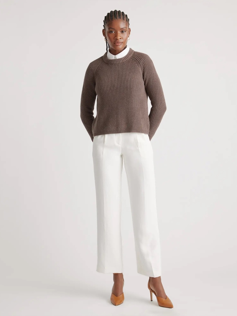 Quince Ribbed Crewneck Sweater in Taupe Brown